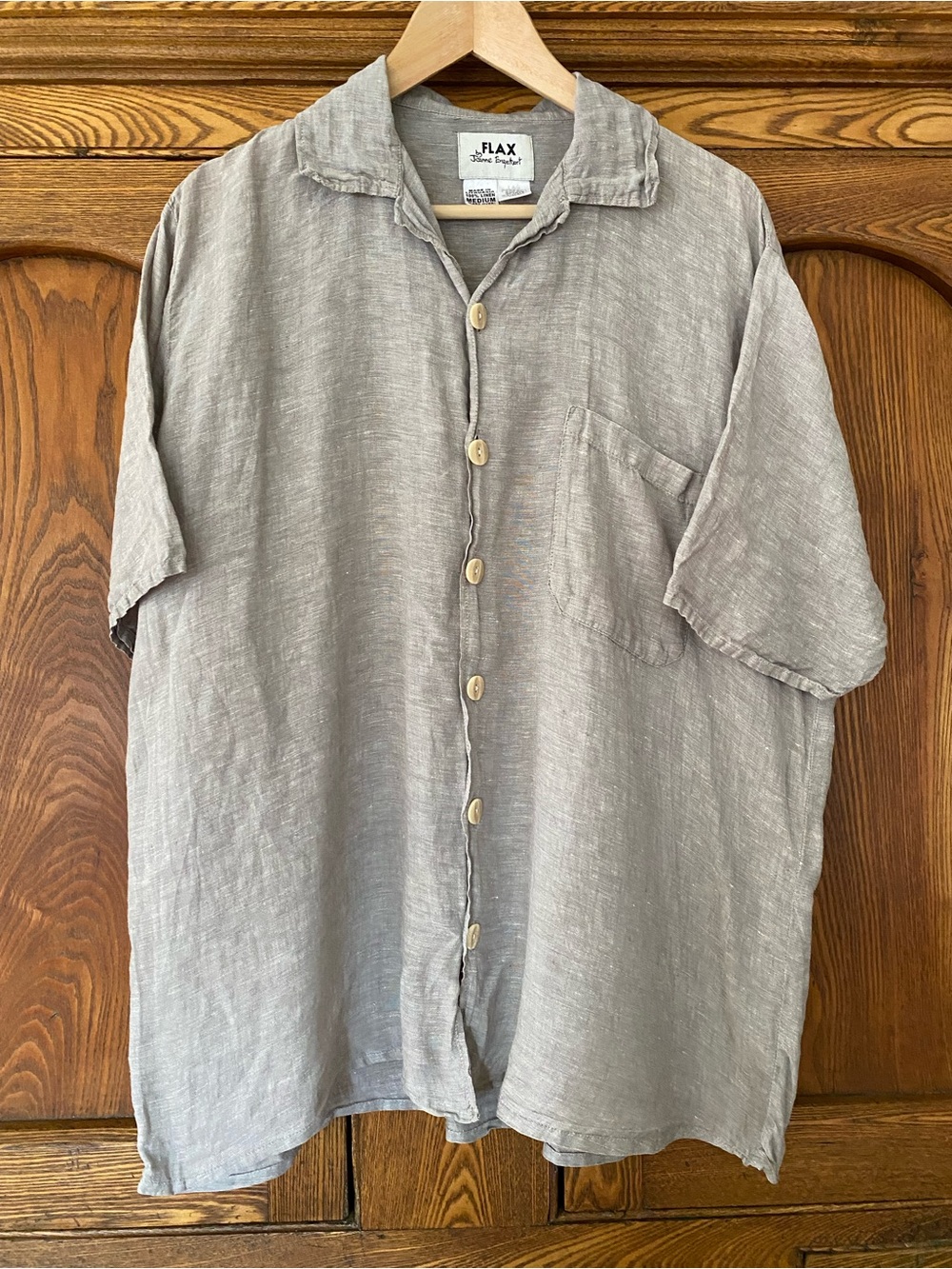 FLAX Jeanne Engelhart M gray linen boxy oversize button down collar shirt top